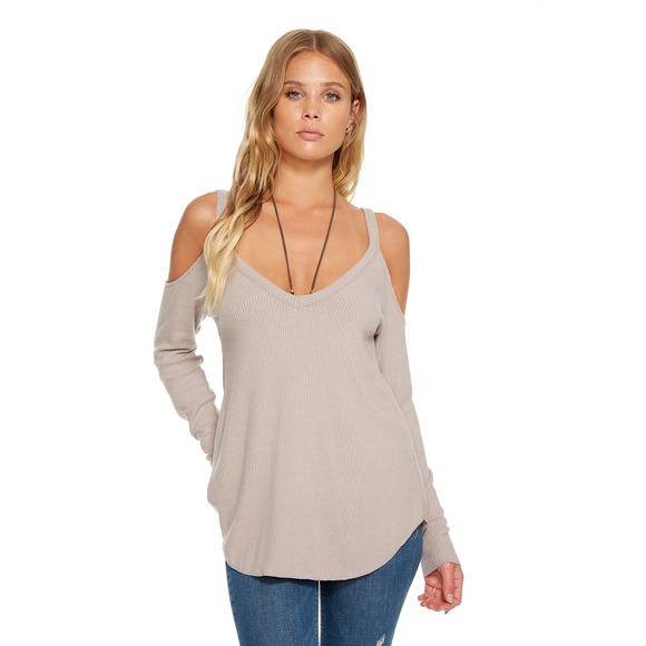Chaser Tops - Chaser Love Rib Double V Cold Shoulder Shirttail Top In Willow